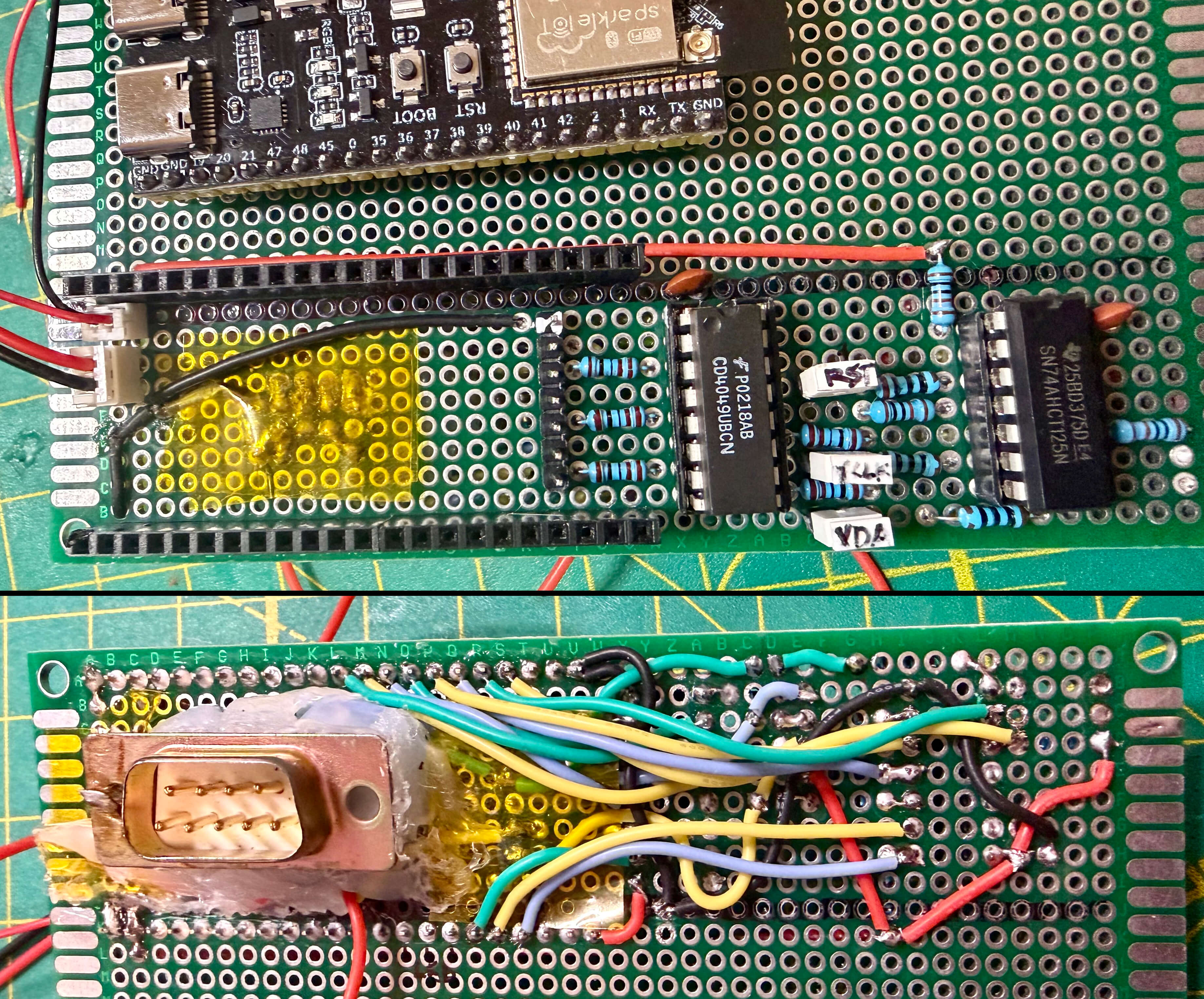 PCB prototyping board. CD4050 and 74AHCT125 for level shifting, ESP32.