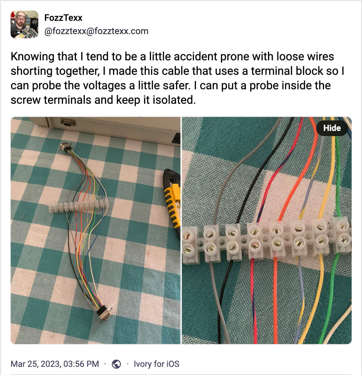 Mastodon post by FozzTexx showing a DB-9 cable with terminal block for safely probing pin voltages.