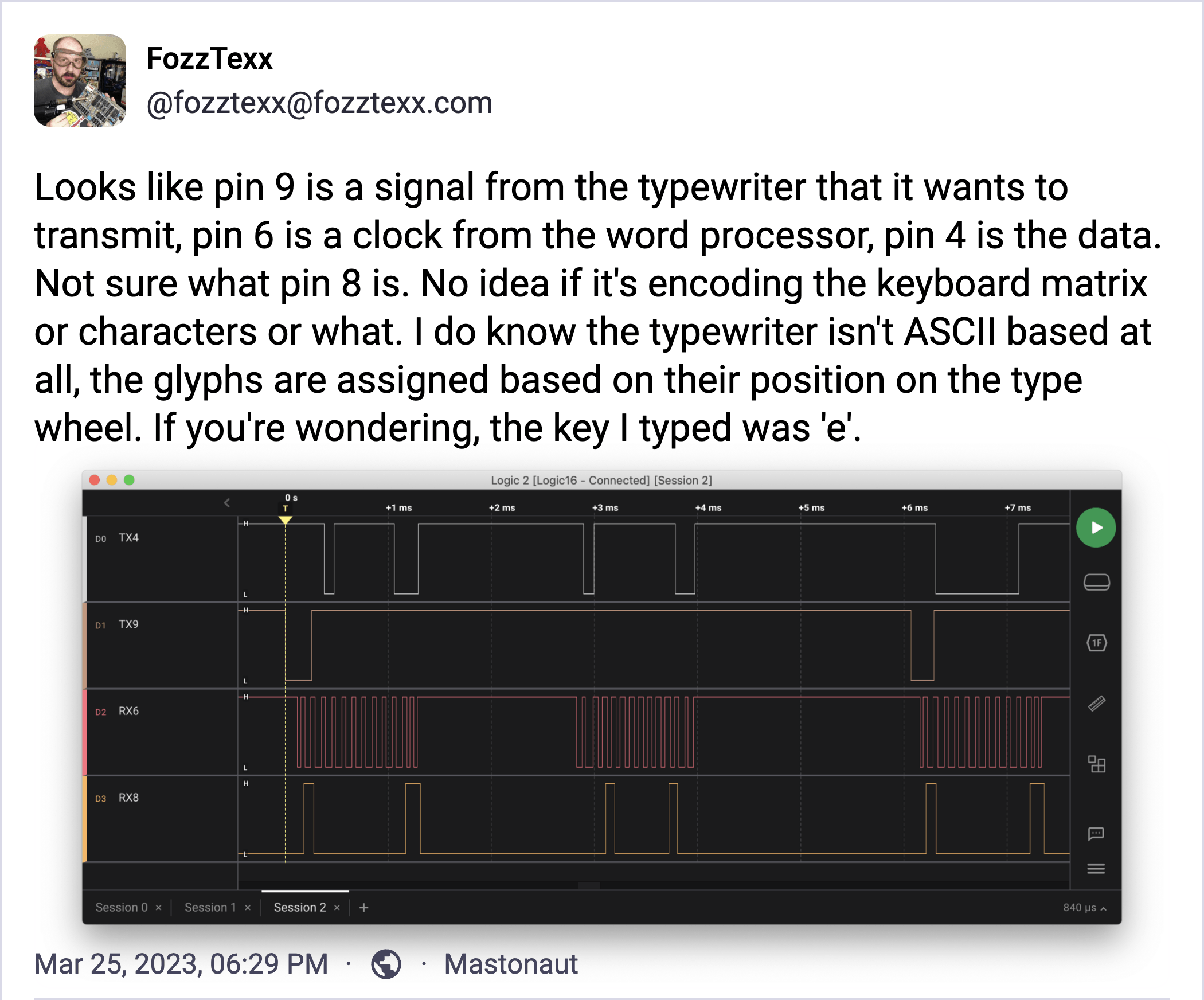 A screenshot of a logic analyzer connected to the typewriter pins